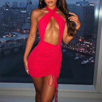 Simenual Drawstring Halter Neck Party Dresses Ruched Bandage Hot Sexy Club Night Birthday Outfit Women Skinny Mini Summer Dress